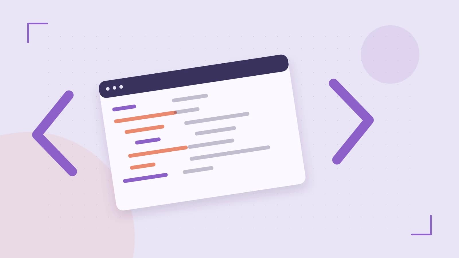 Editorial illustration of an abstract code editor, syntax blocks and oversized programming brackets
