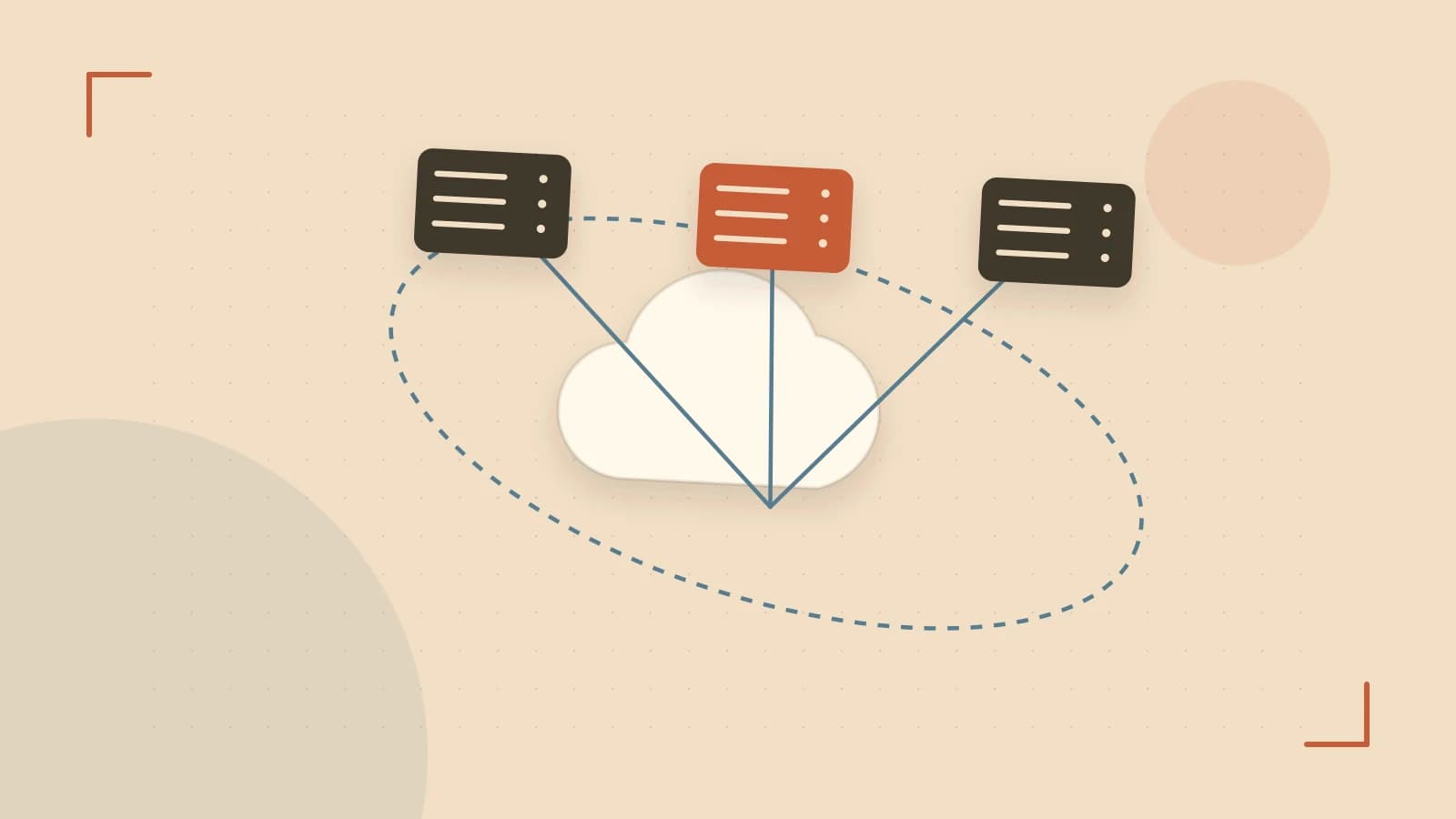Editorial illustration of cloud infrastructure, connected server racks and an orbital service map