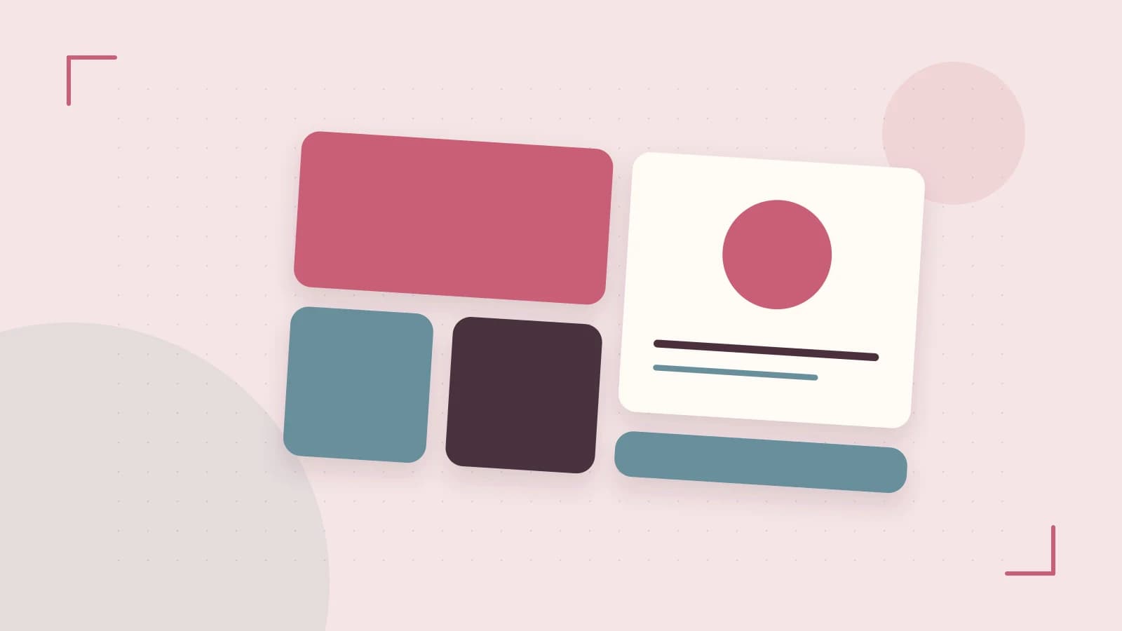 Editorial illustration of responsive browser layouts, overlapping design components and a color system