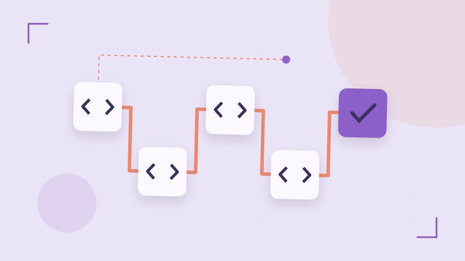 Editorial illustration of a branching build pipeline, staged transformations and a completed check
