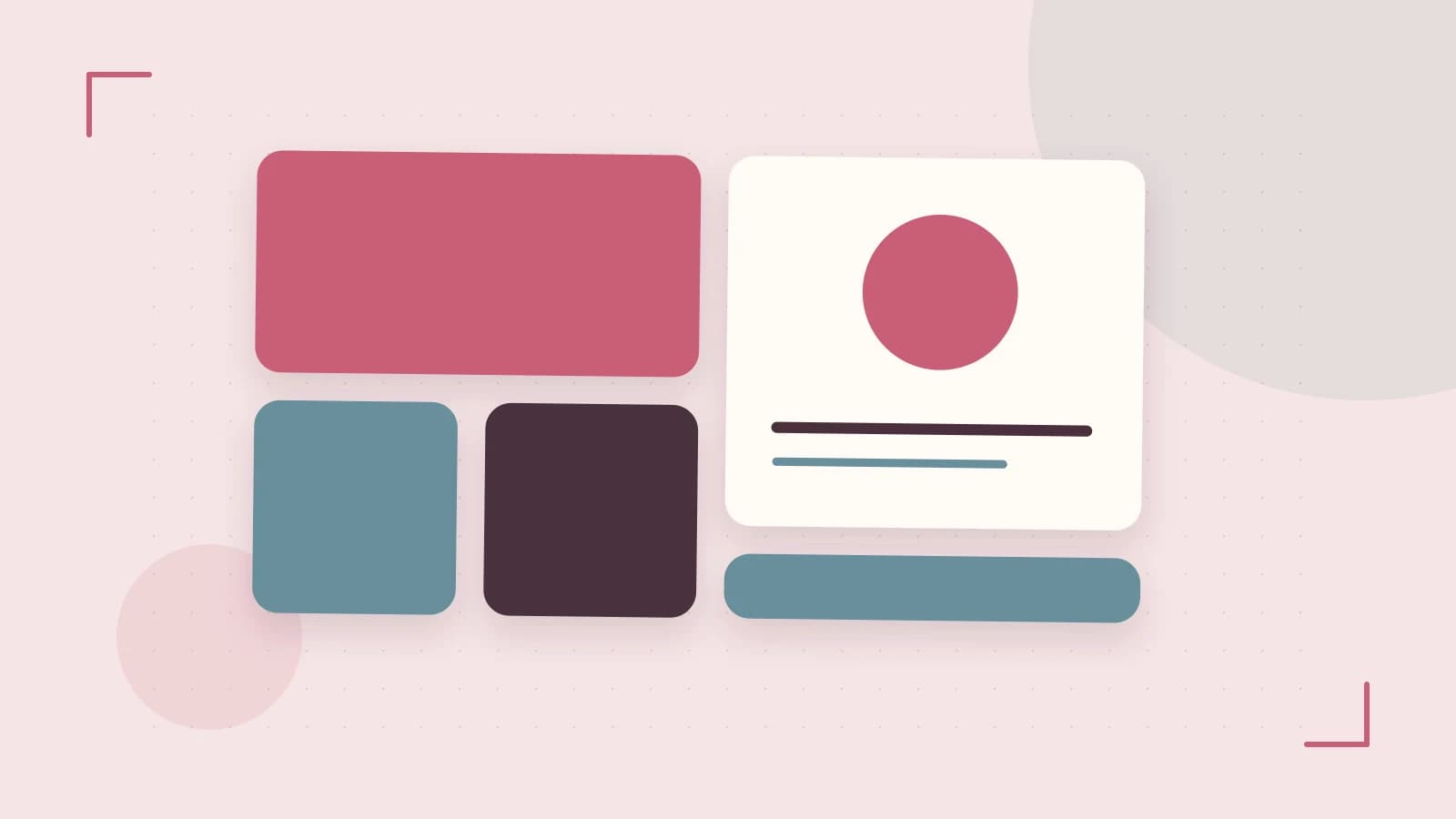 Editorial illustration of responsive browser layouts, overlapping design components and a color system