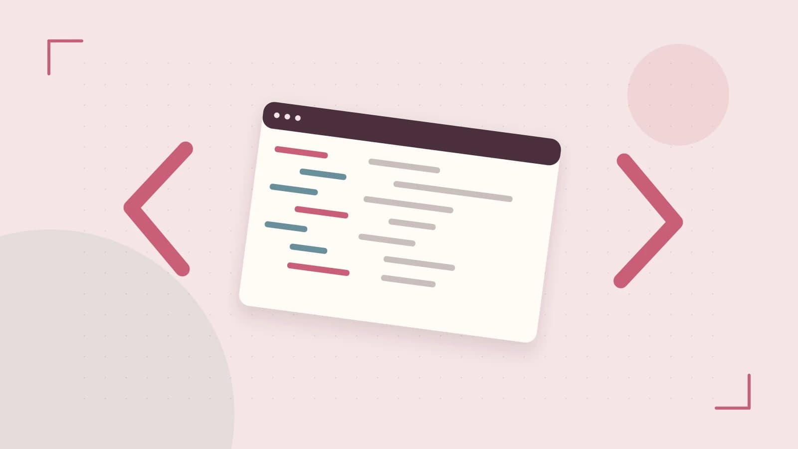 Editorial illustration of an abstract code editor, syntax blocks and oversized programming brackets