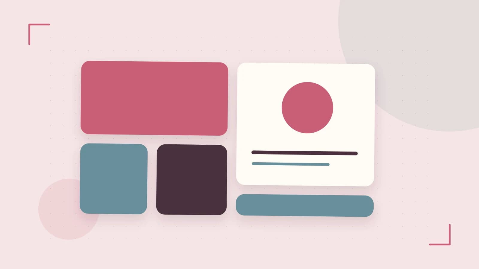 Editorial illustration of responsive browser layouts, overlapping design components and a color system