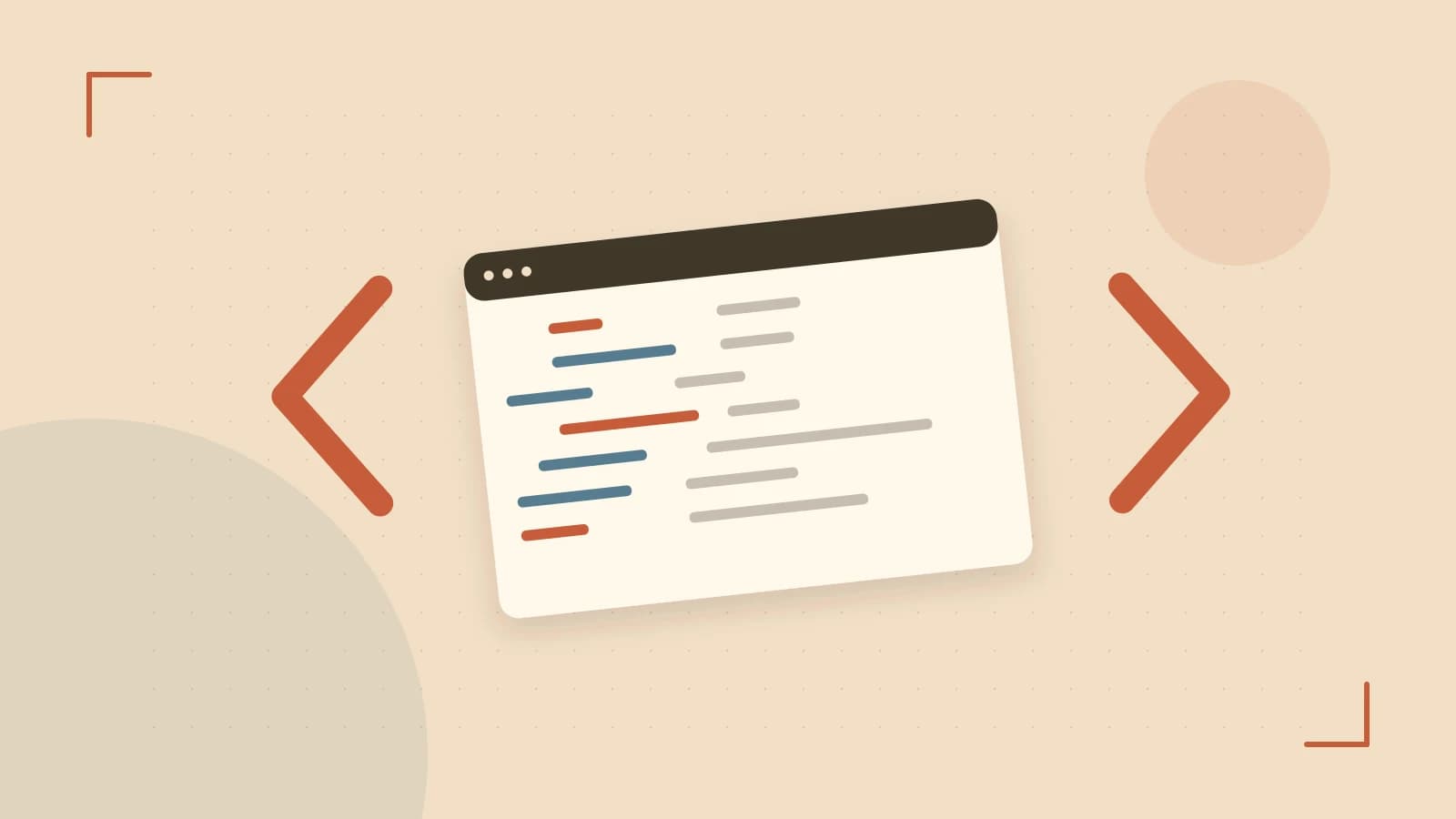 Editorial illustration of an abstract code editor, syntax blocks and oversized programming brackets