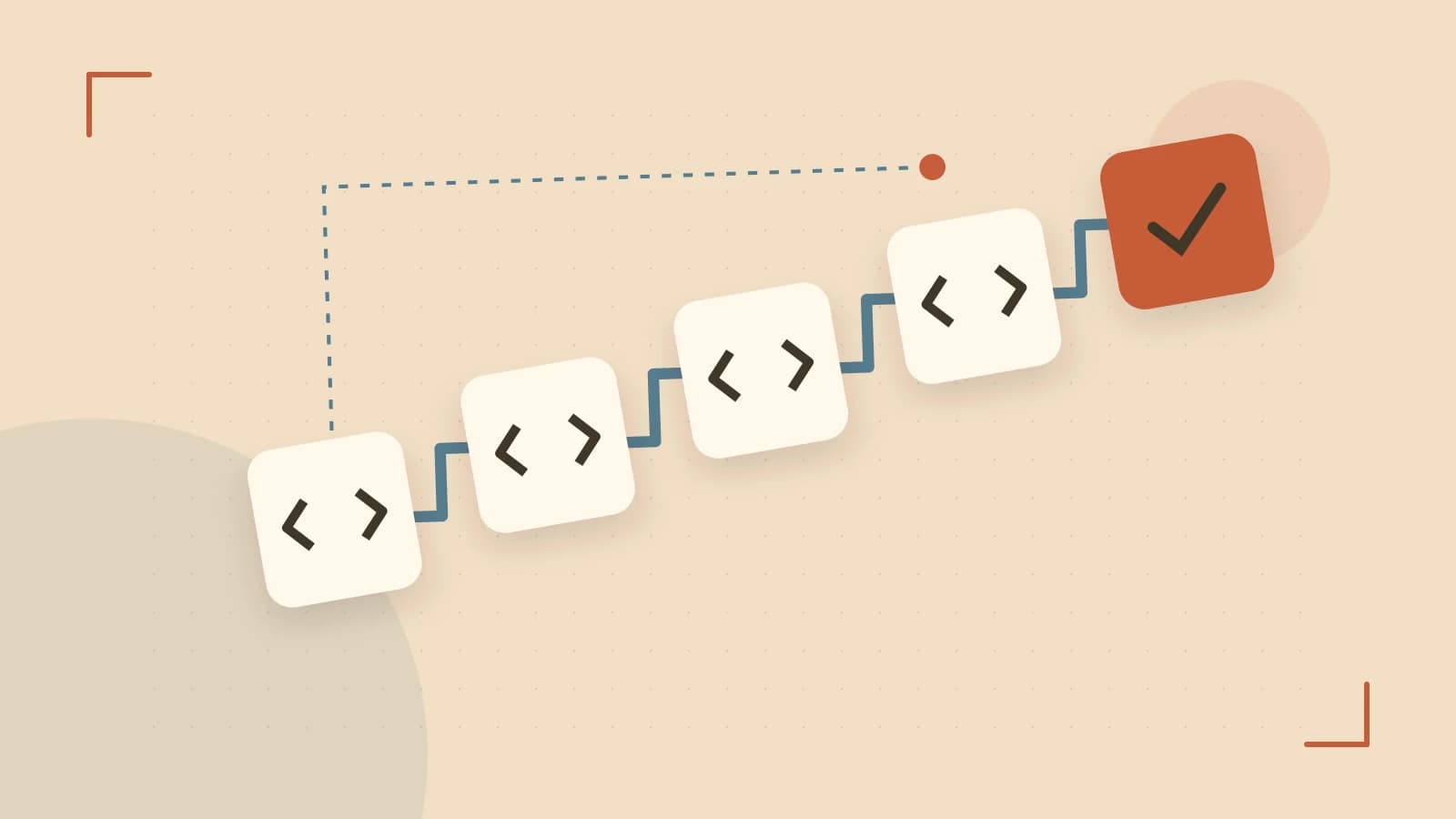 Editorial illustration of a branching build pipeline, staged transformations and a completed check