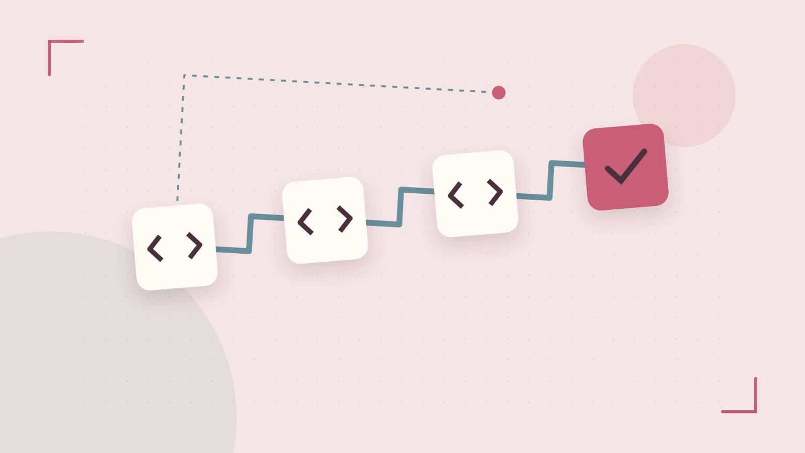 Editorial illustration of a branching build pipeline, staged transformations and a completed check