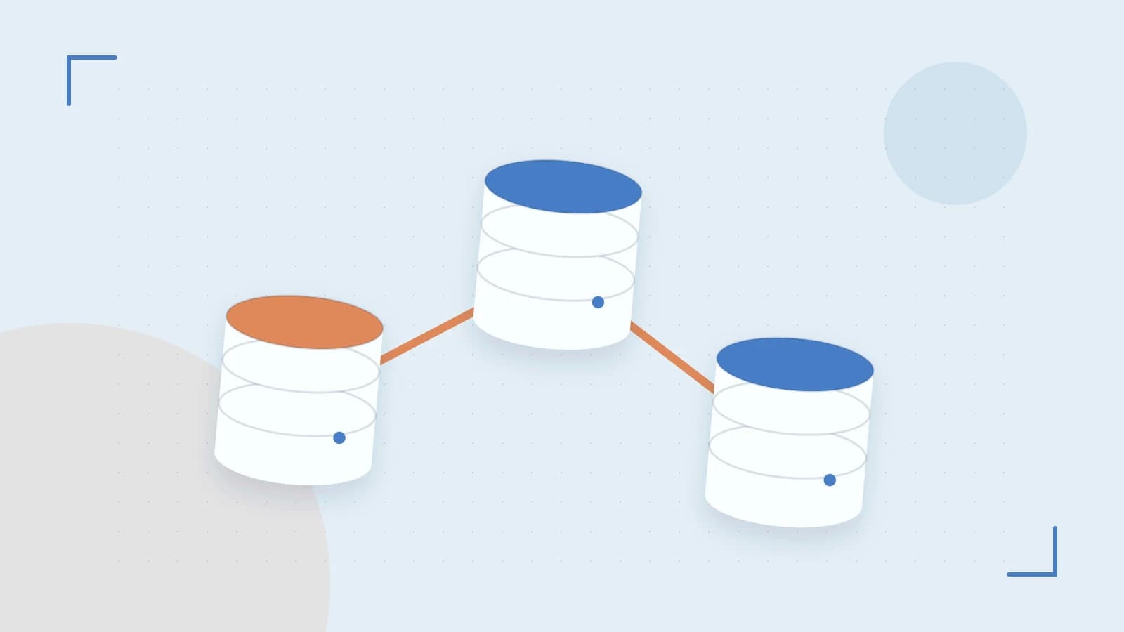 Editorial illustration of structured records, database cylinders and relationships between tables