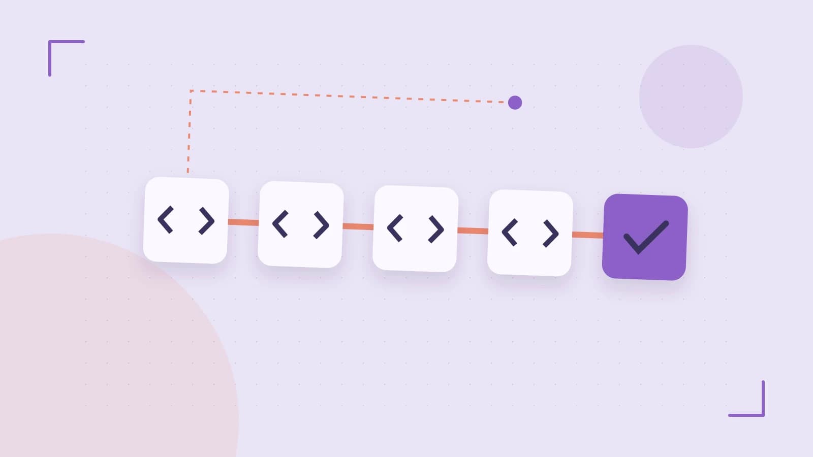 Editorial illustration of a branching build pipeline, staged transformations and a completed check