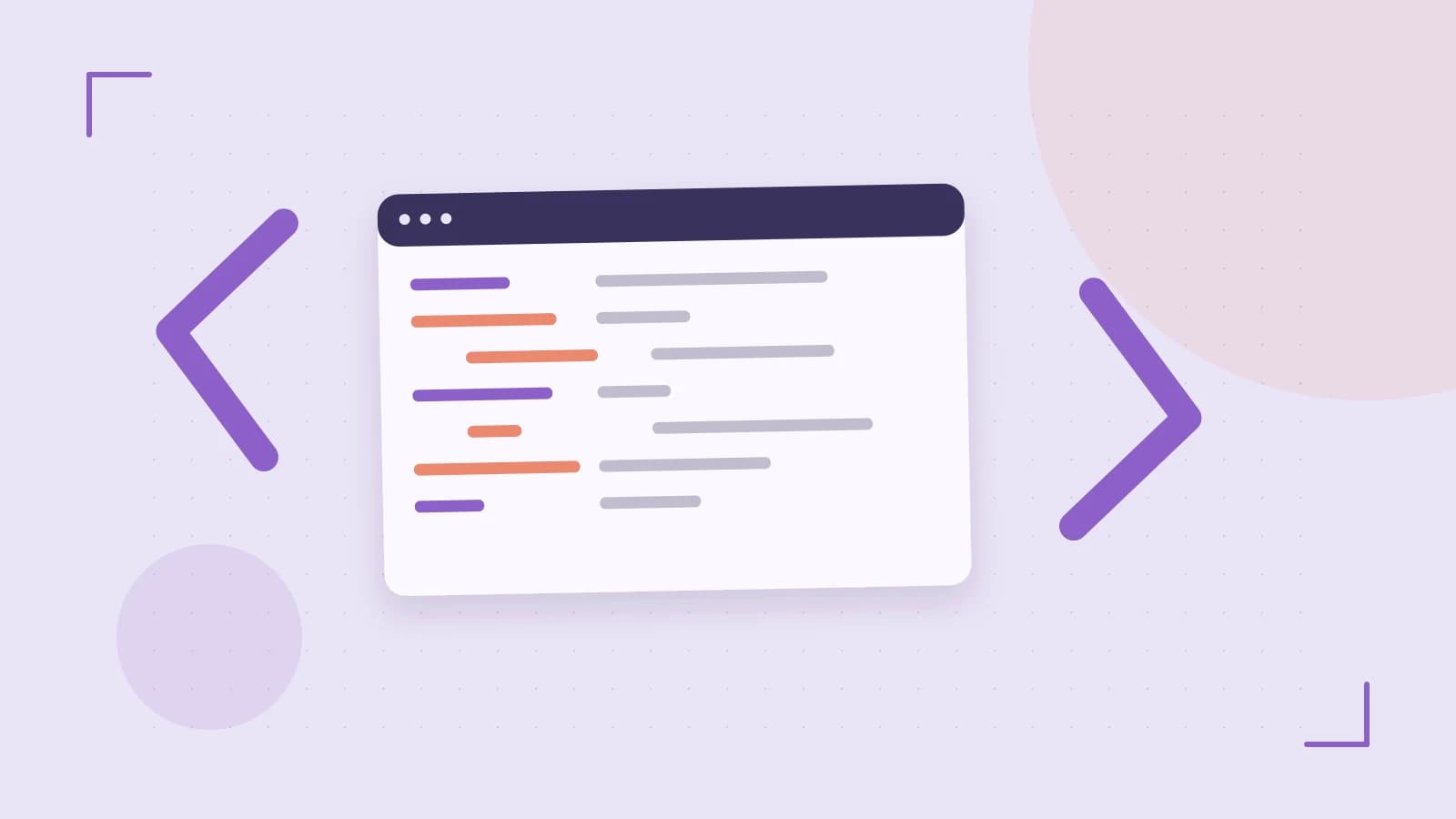 Editorial illustration of an abstract code editor, syntax blocks and oversized programming brackets