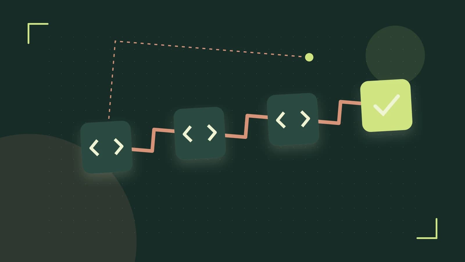 Editorial illustration of a branching build pipeline, staged transformations and a completed check