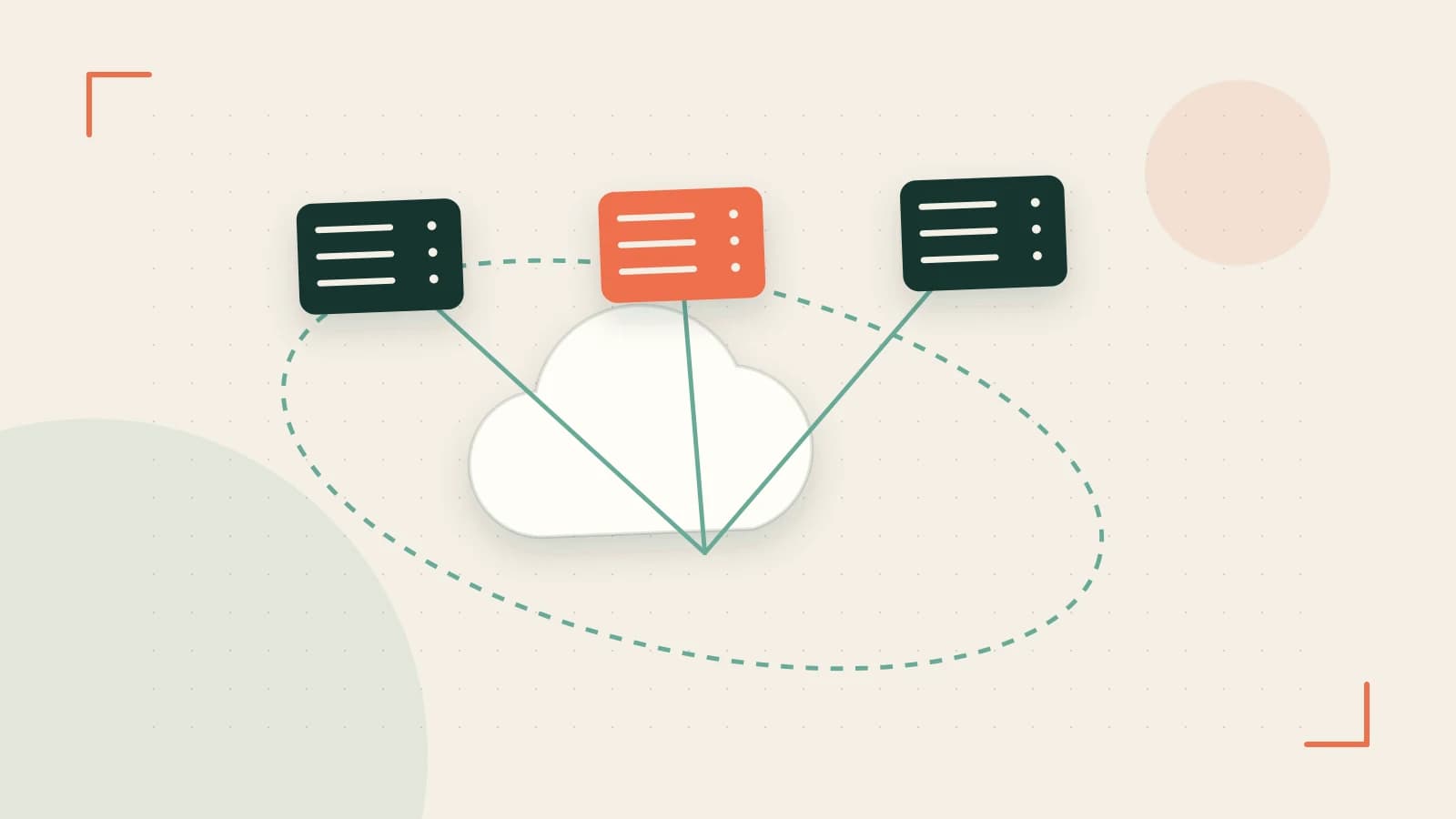 Editorial illustration of cloud infrastructure, connected server racks and an orbital service map