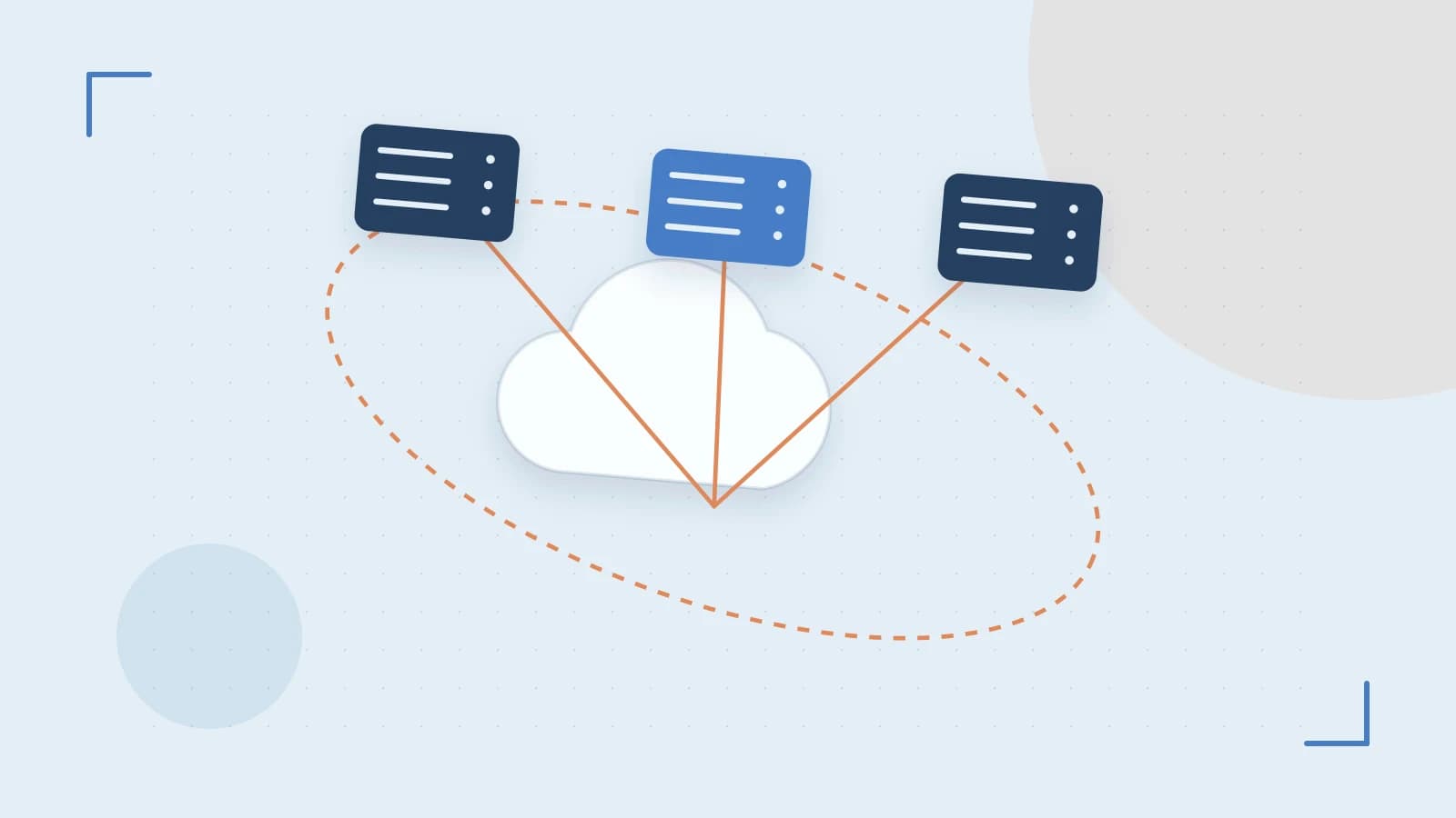 Editorial illustration of cloud infrastructure, connected server racks and an orbital service map