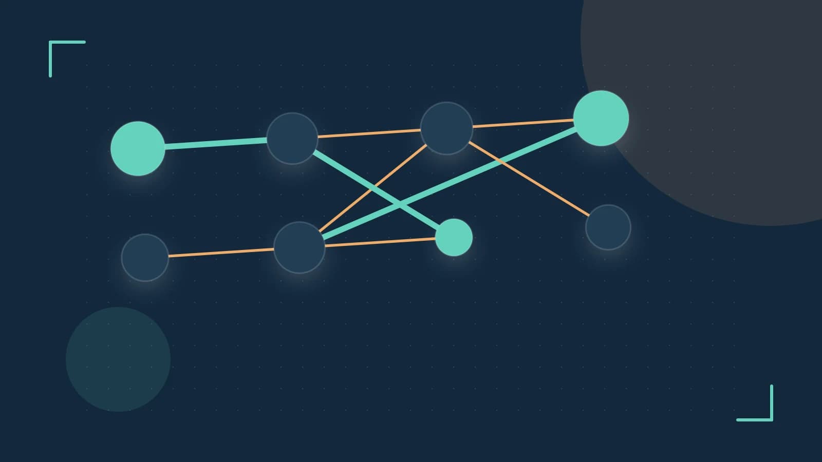 Editorial illustration of an algorithmic node graph with branching paths and a highlighted result