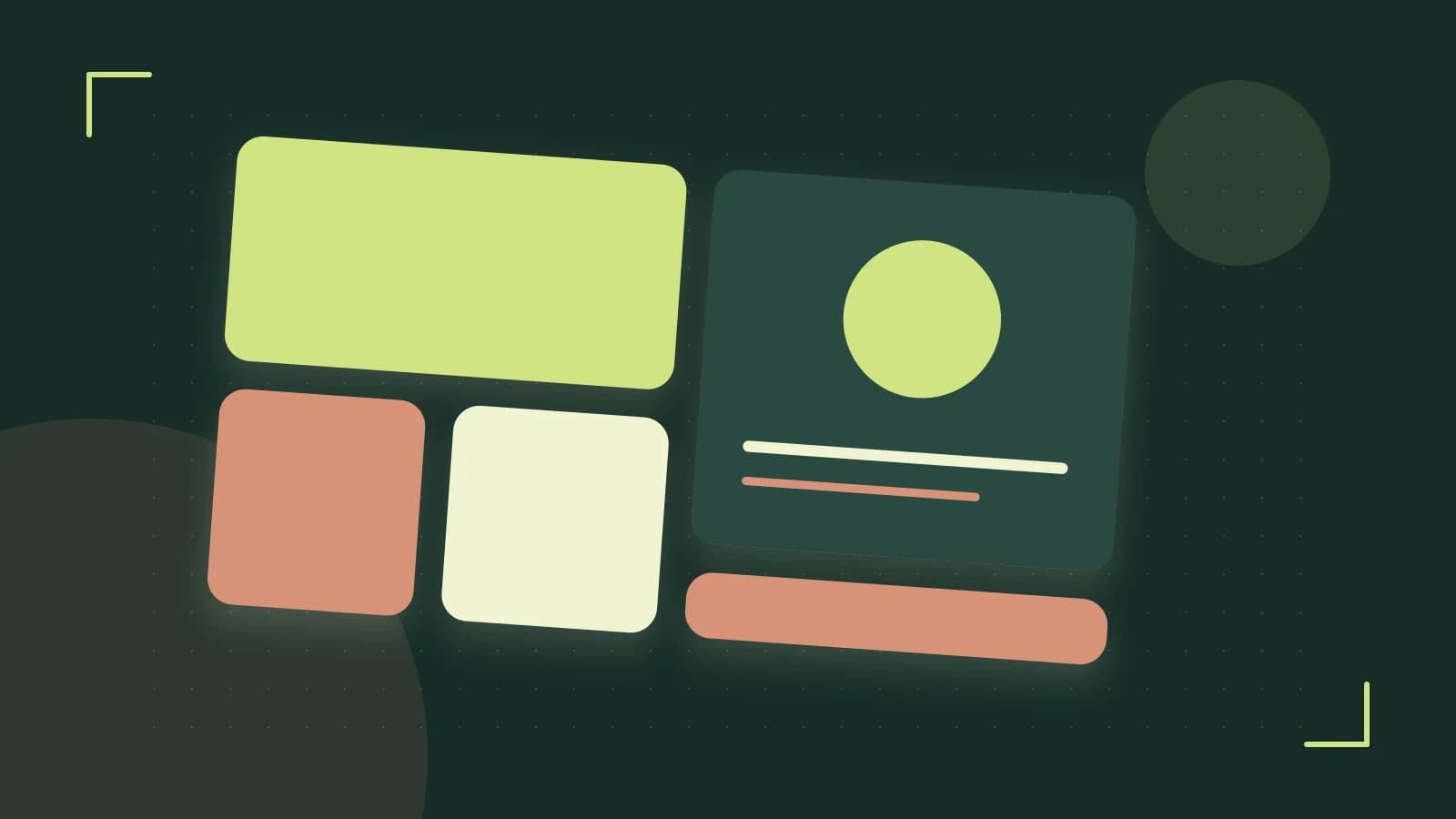 Editorial illustration of responsive browser layouts, overlapping design components and a color system