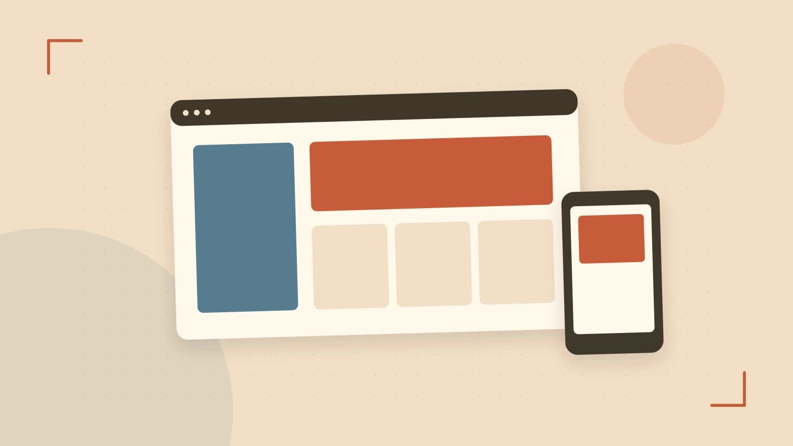 Editorial illustration of responsive browser layouts, overlapping design components and a color system