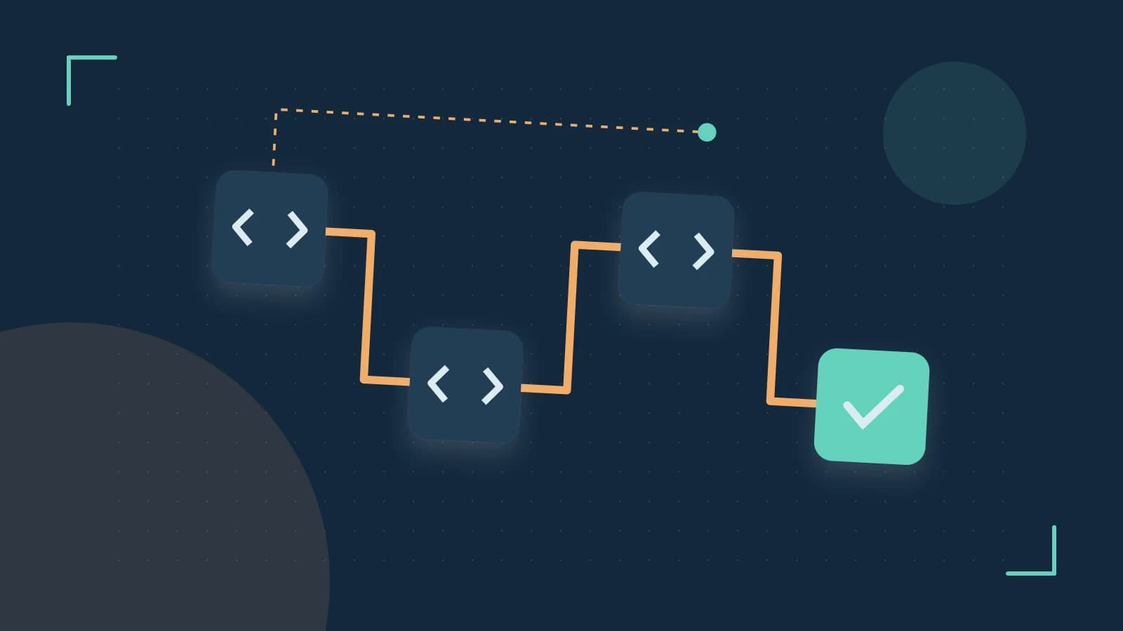 Editorial illustration of a branching build pipeline, staged transformations and a completed check