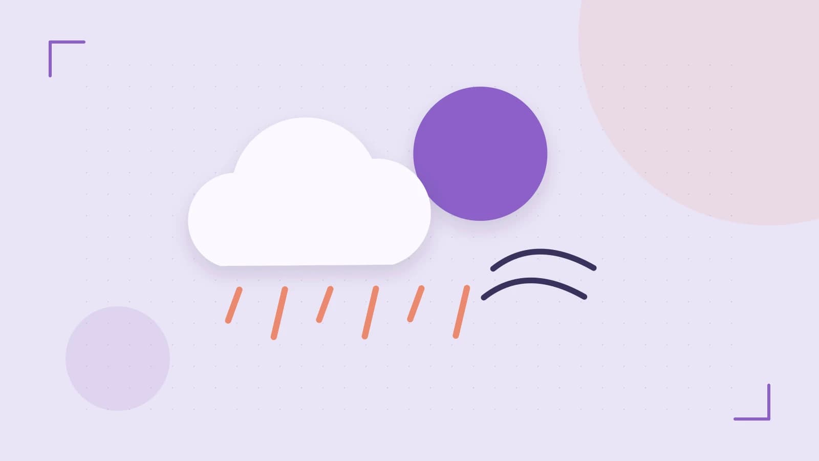 Editorial illustration of a sun, layered clouds, raindrops and flowing weather patterns