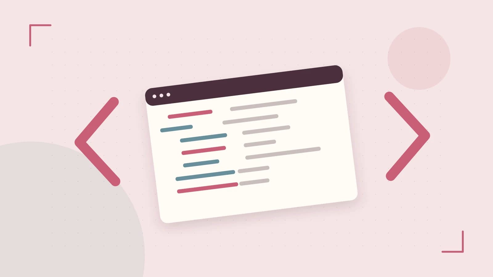 Editorial illustration of an abstract code editor, syntax blocks and oversized programming brackets