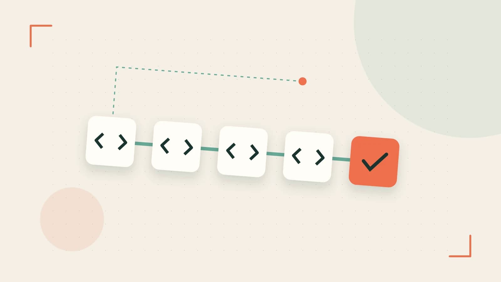 Editorial illustration of a branching build pipeline, staged transformations and a completed check