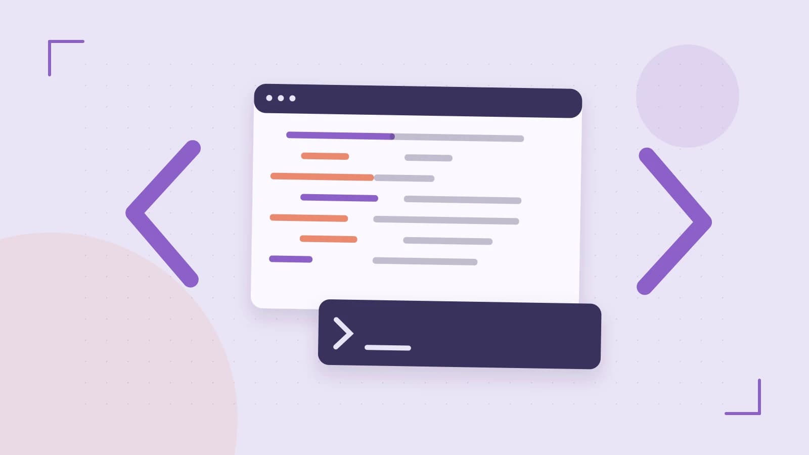 Editorial illustration of an abstract code editor, syntax blocks and oversized programming brackets