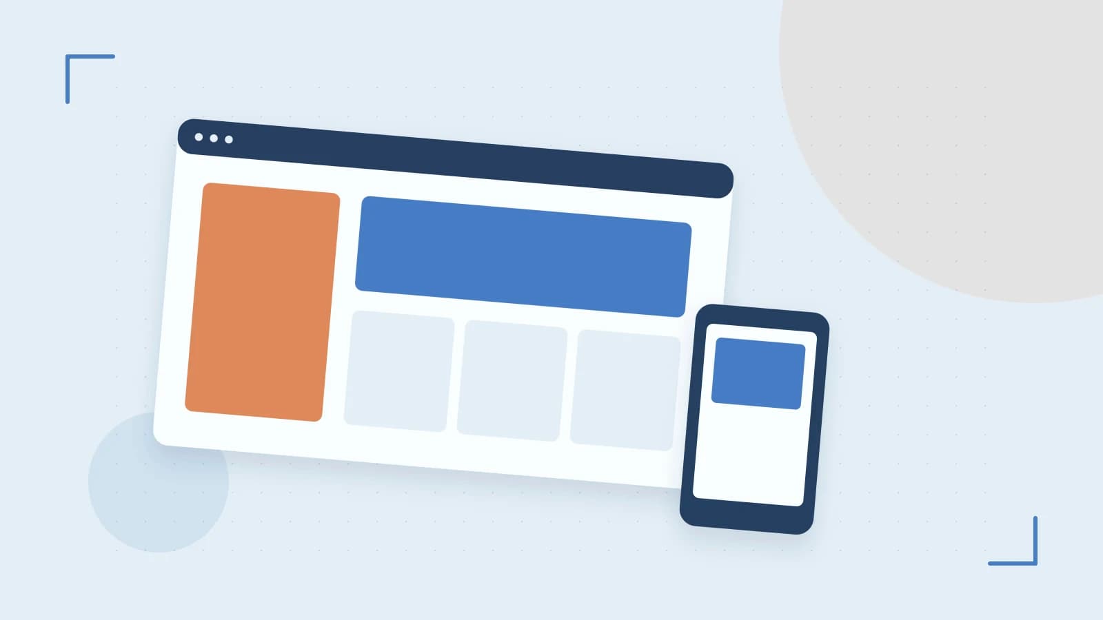 Editorial illustration of responsive browser layouts, overlapping design components and a color system