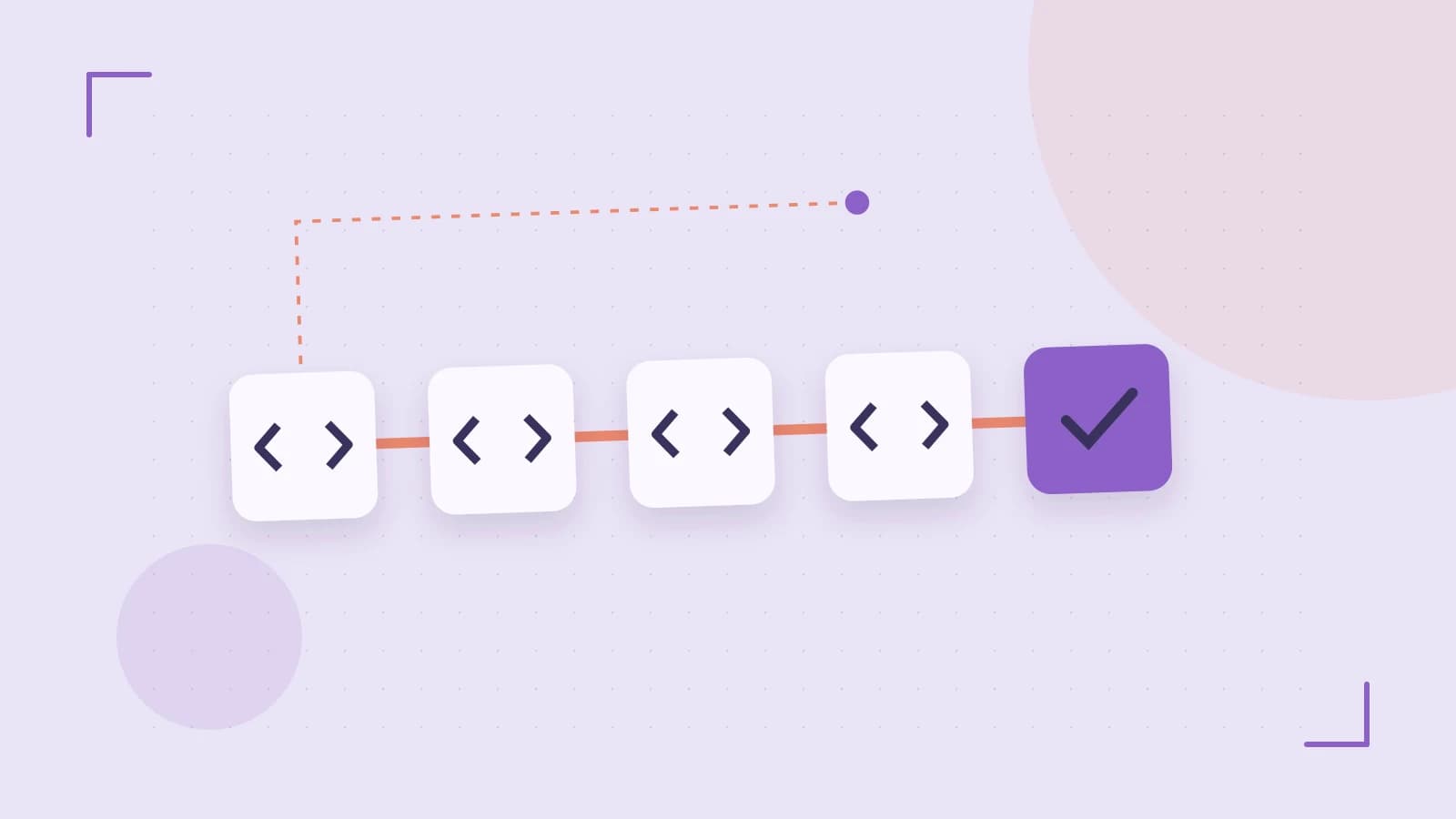 Editorial illustration of a branching build pipeline, staged transformations and a completed check