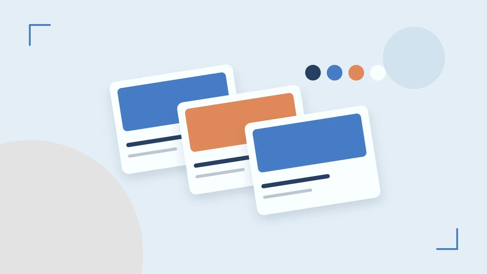 Editorial illustration of responsive browser layouts, overlapping design components and a color system