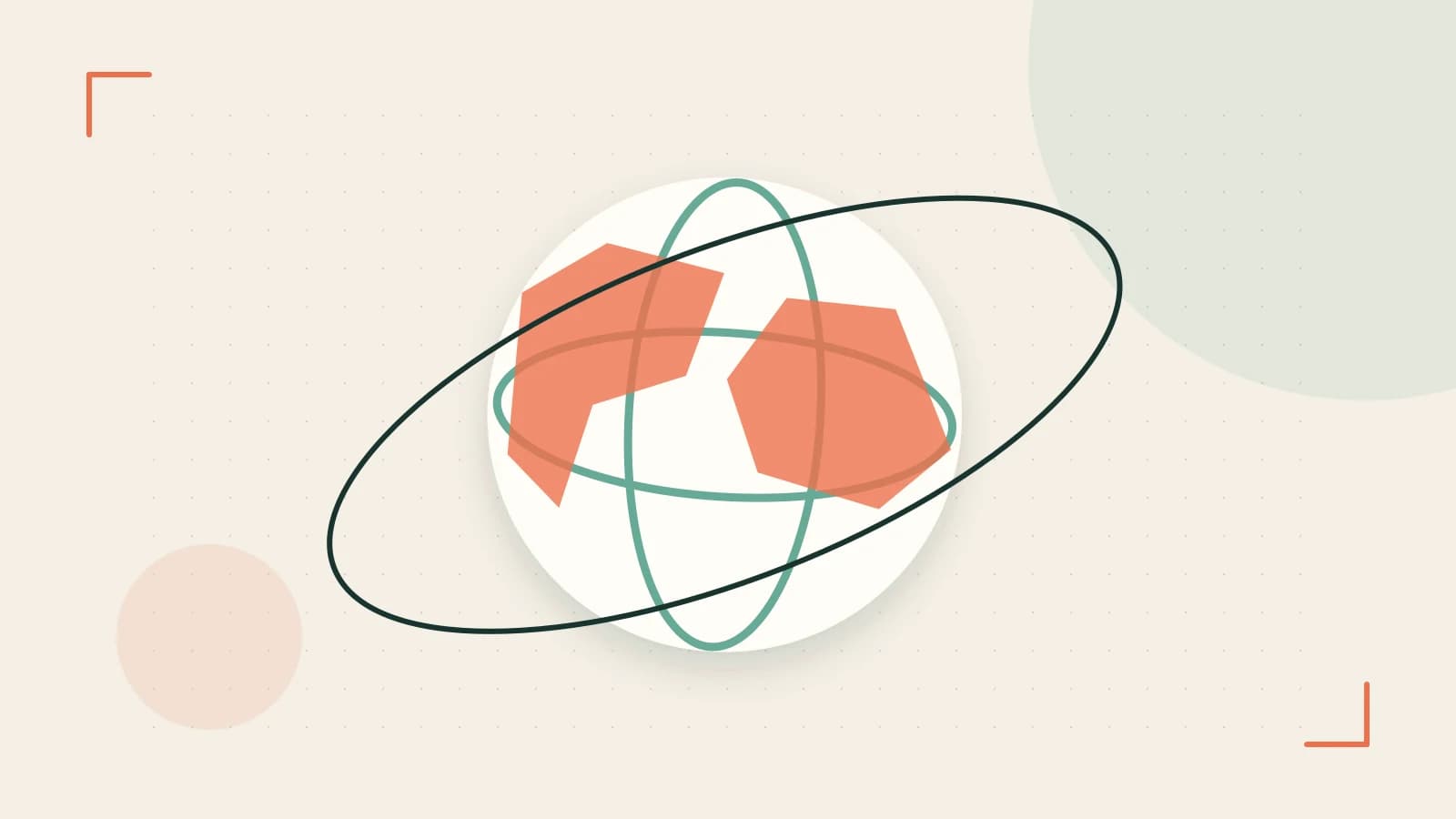 Editorial illustration of an editorial globe with meridians and layered geographic shapes