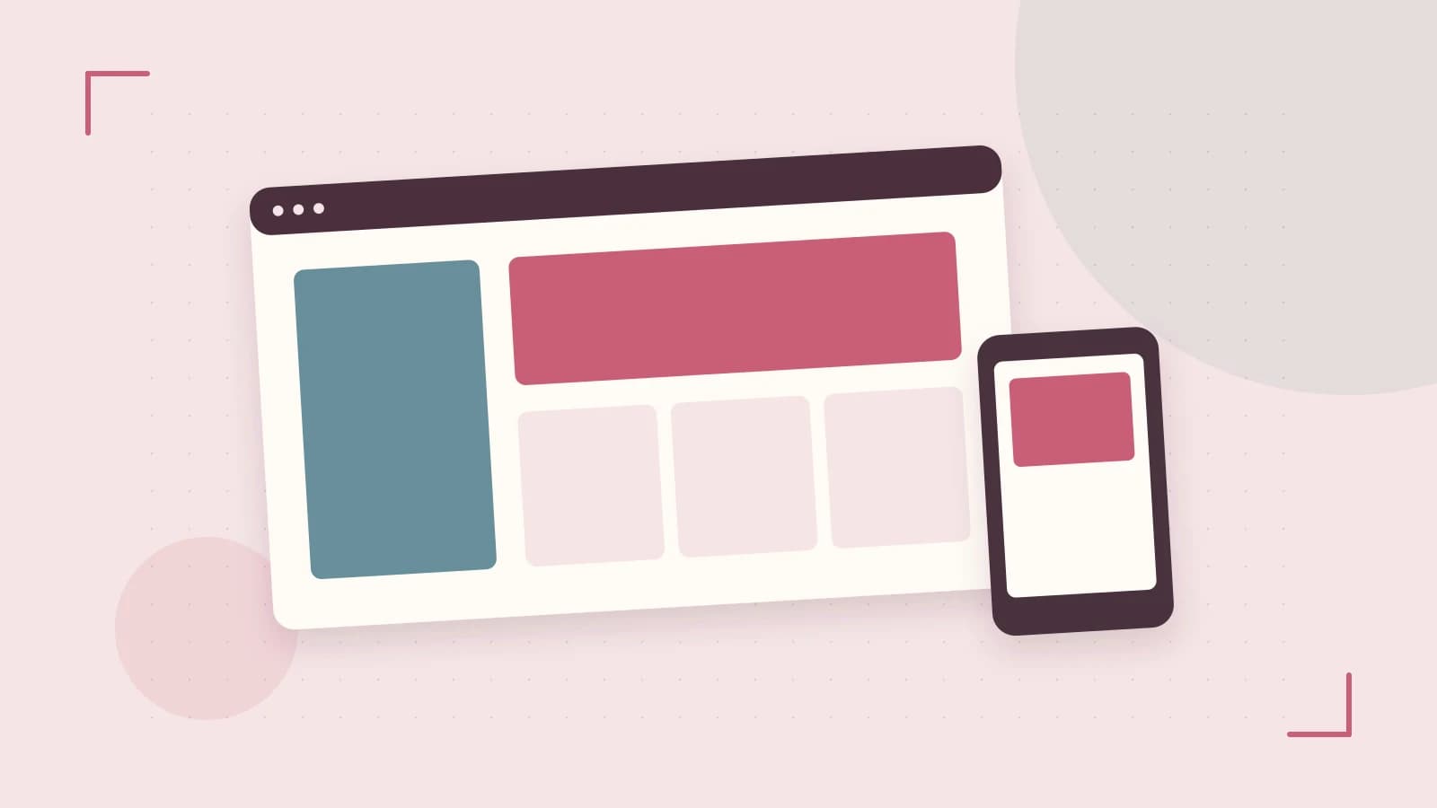 Editorial illustration of responsive browser layouts, overlapping design components and a color system
