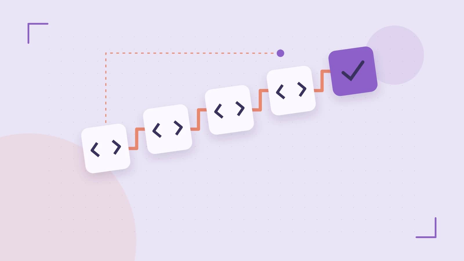Editorial illustration of a branching build pipeline, staged transformations and a completed check