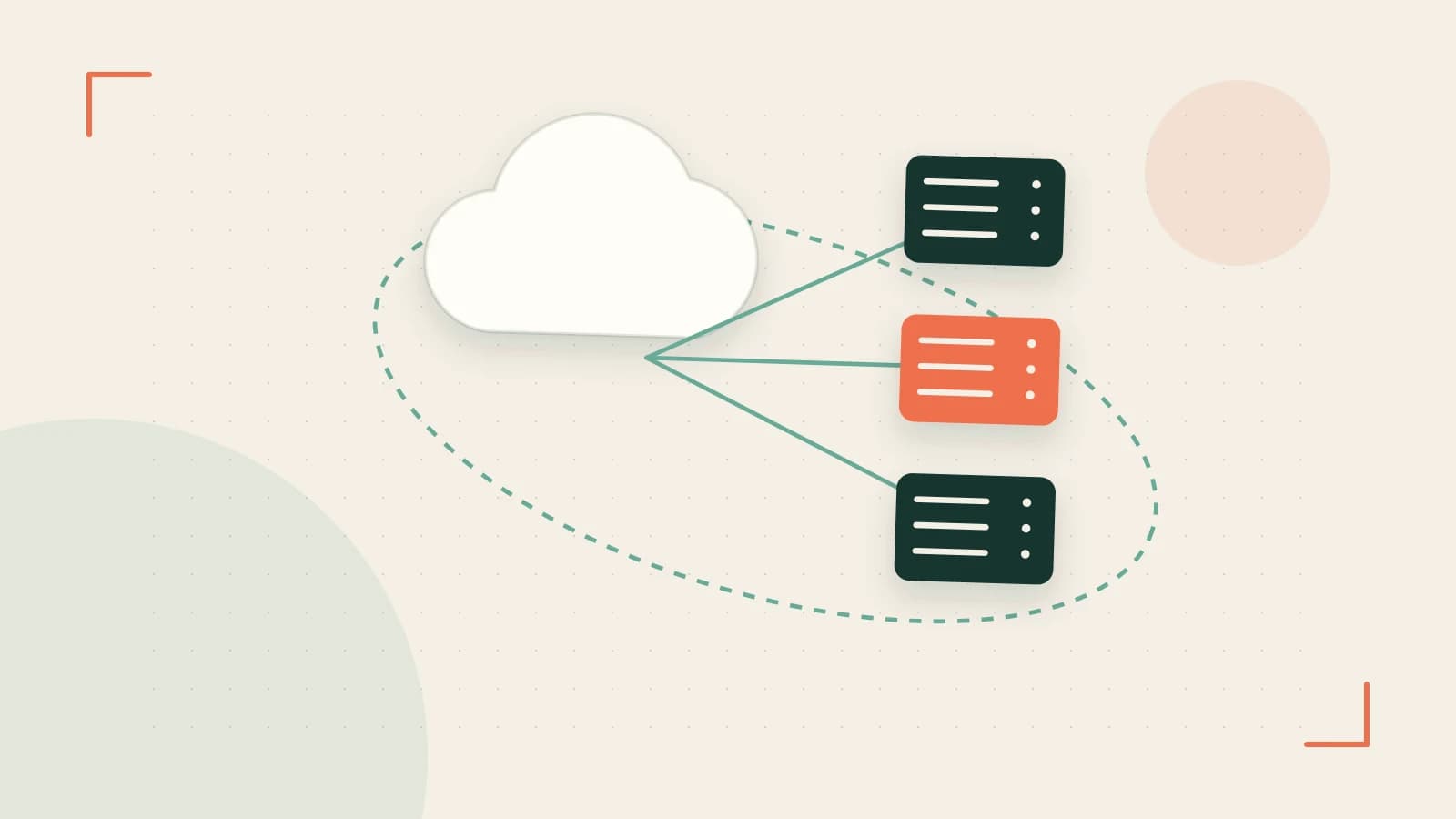 Editorial illustration of cloud infrastructure, connected server racks and an orbital service map