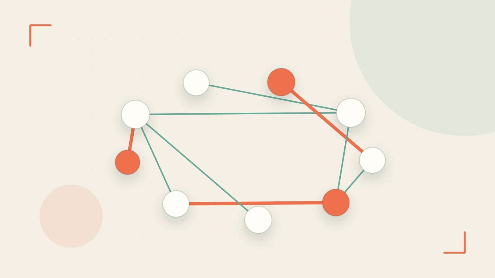 Editorial illustration of an algorithmic node graph with branching paths and a highlighted result