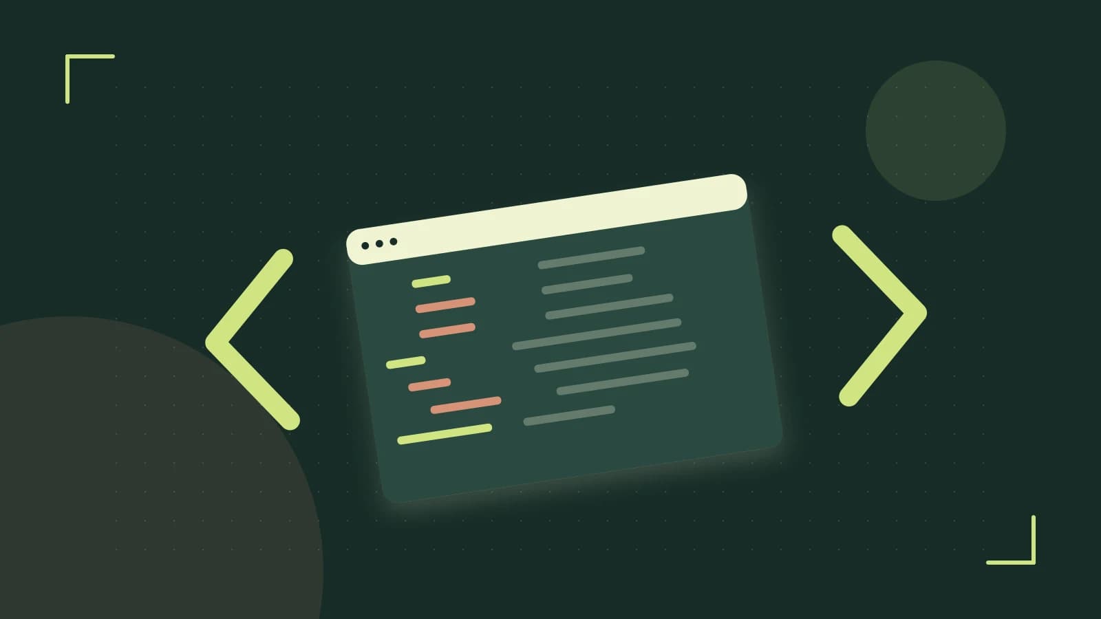 Editorial illustration of an abstract code editor, syntax blocks and oversized programming brackets