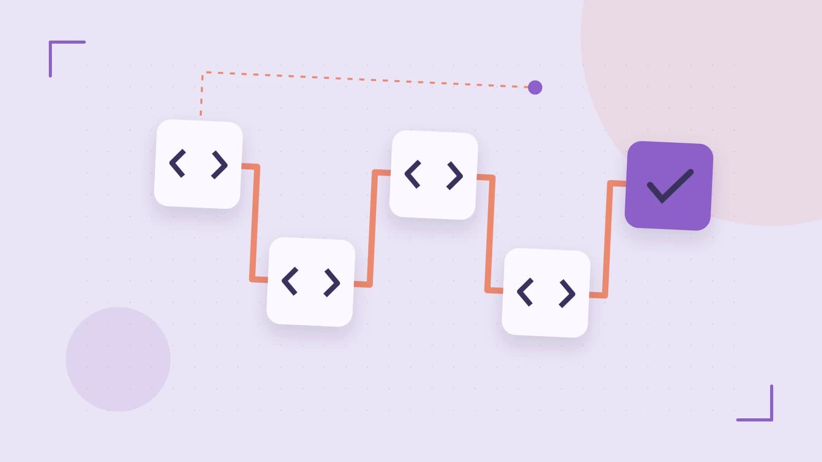 Editorial illustration of a branching build pipeline, staged transformations and a completed check