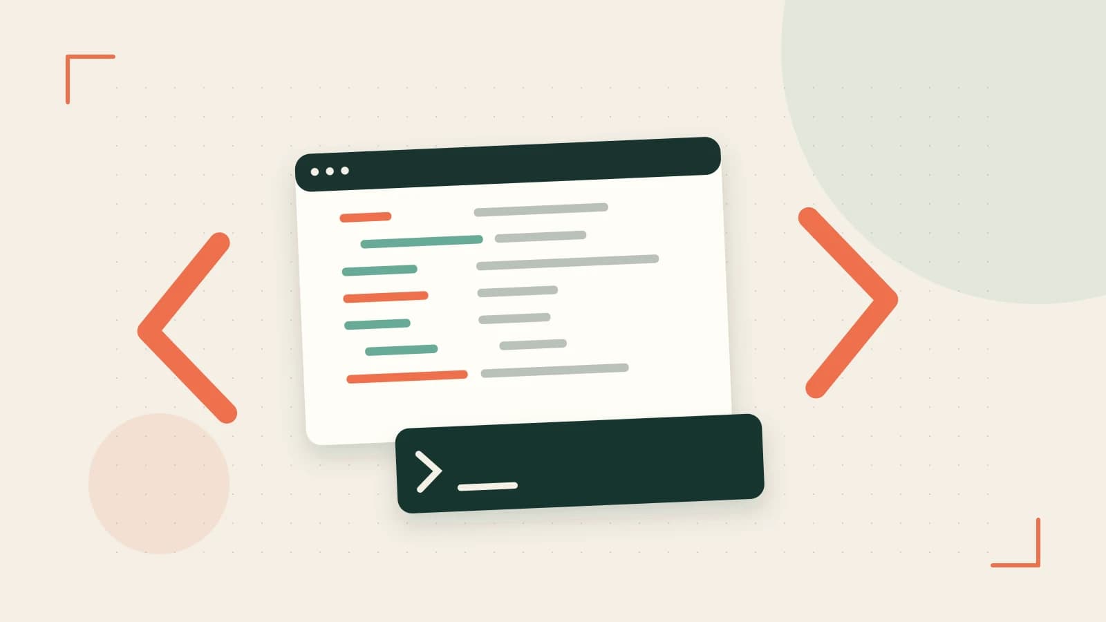 Editorial illustration of an abstract code editor, syntax blocks and oversized programming brackets