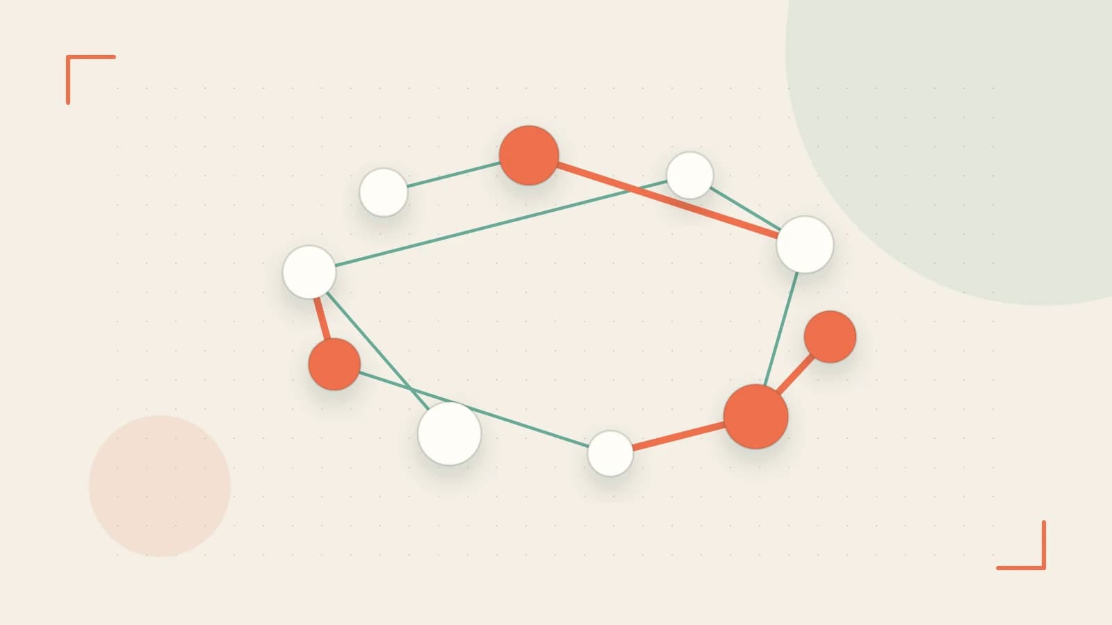 Editorial illustration of an algorithmic node graph with branching paths and a highlighted result