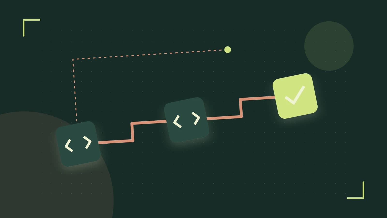Editorial illustration of a branching build pipeline, staged transformations and a completed check