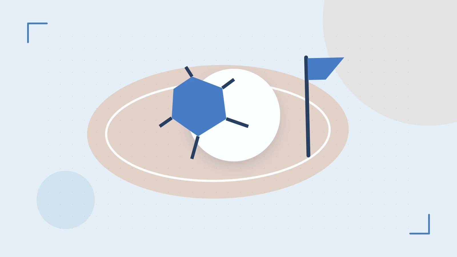 Editorial illustration of a stylized sports ball, stadium geometry and dynamic arcs