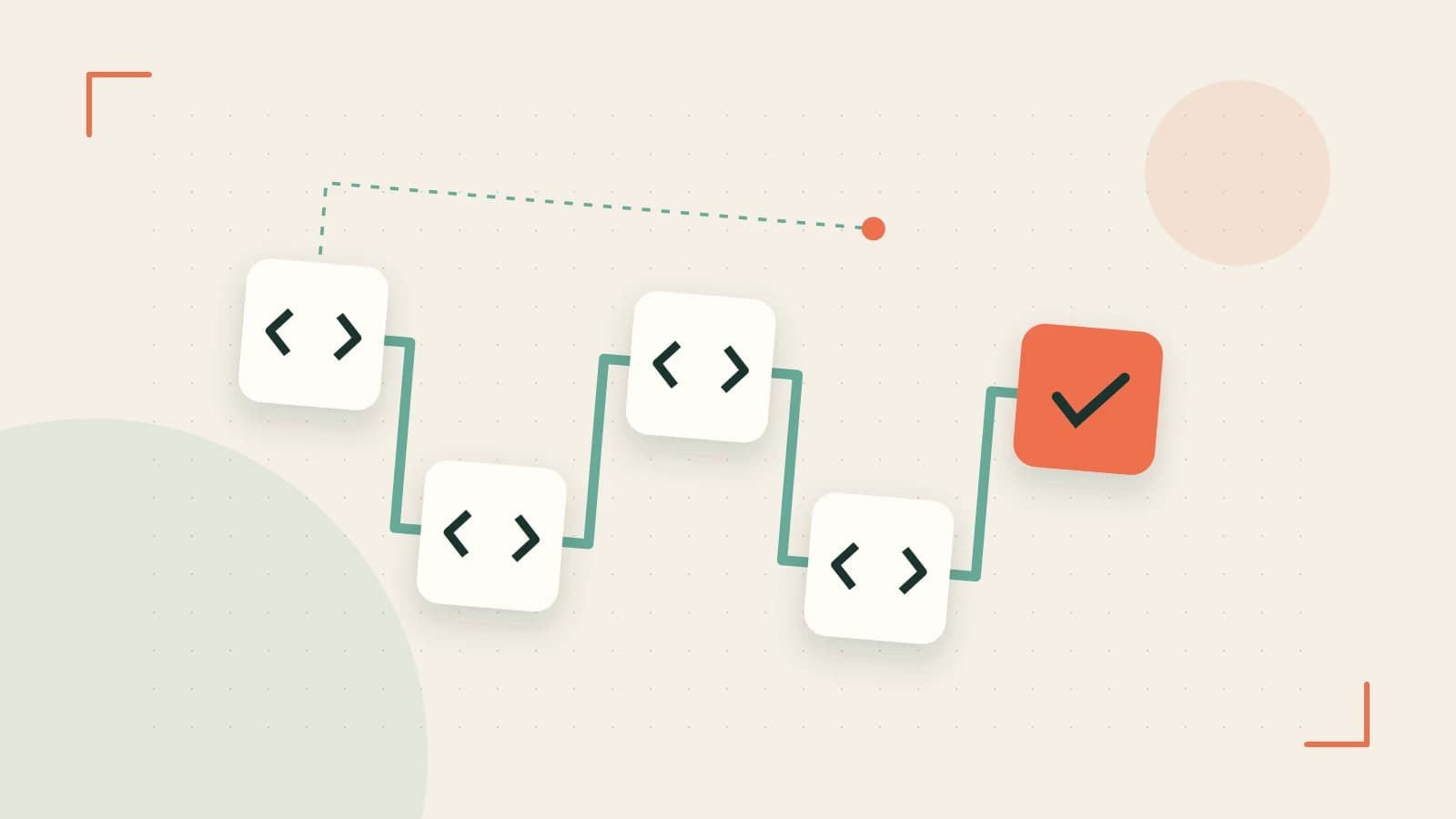 Editorial illustration of a branching build pipeline, staged transformations and a completed check
