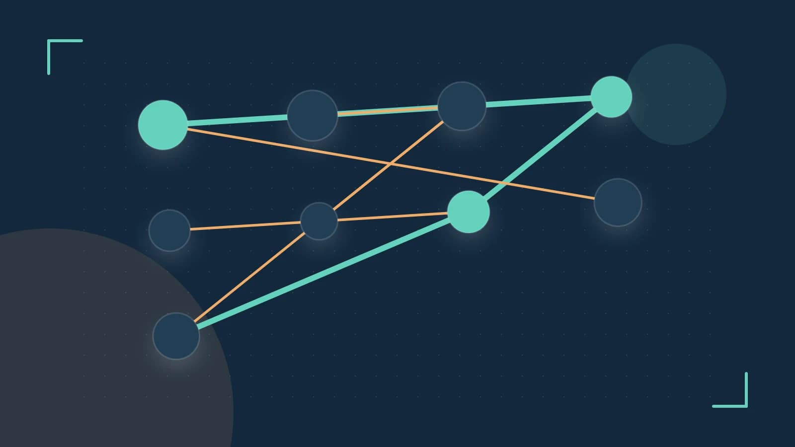 Editorial illustration of an algorithmic node graph with branching paths and a highlighted result