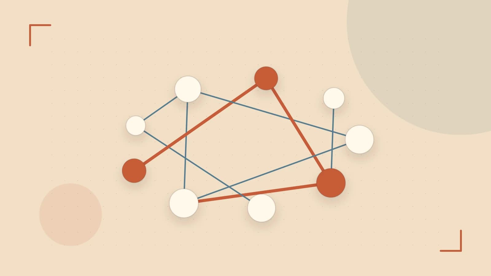 Editorial illustration of an algorithmic node graph with branching paths and a highlighted result