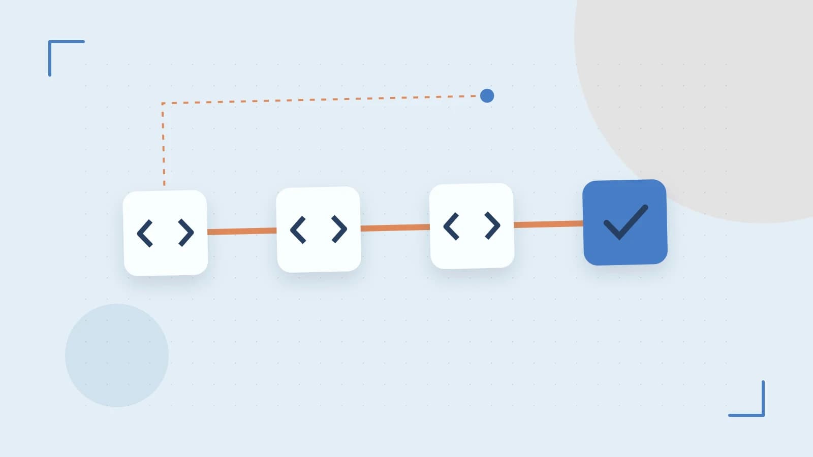 Editorial illustration of a branching build pipeline, staged transformations and a completed check