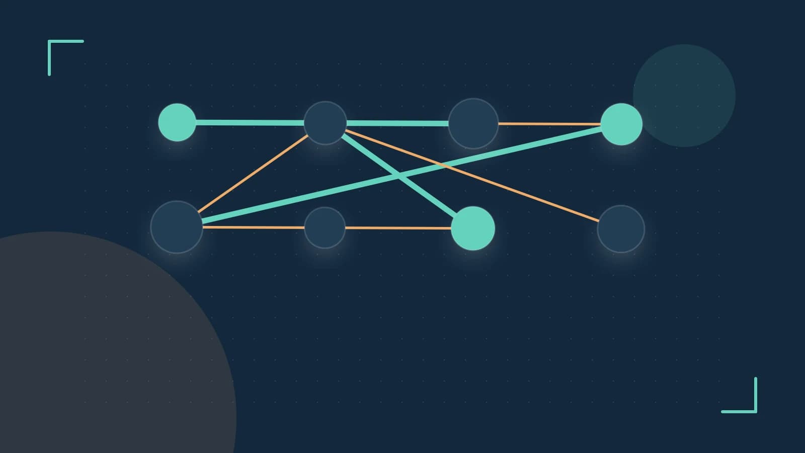 Editorial illustration of an algorithmic node graph with branching paths and a highlighted result