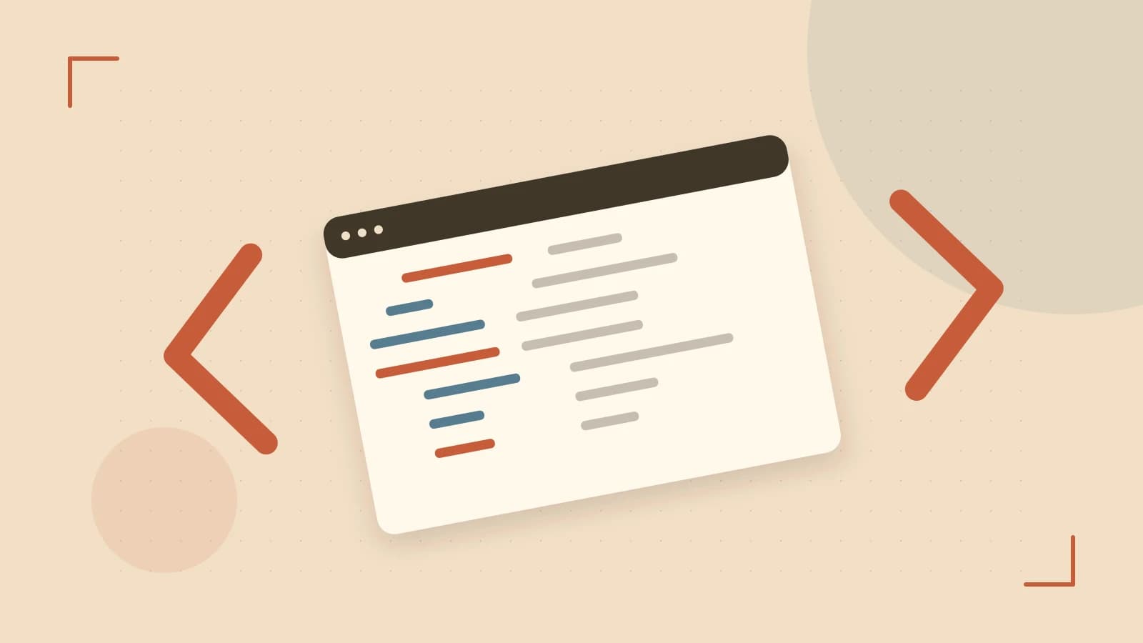 Editorial illustration of an abstract code editor, syntax blocks and oversized programming brackets