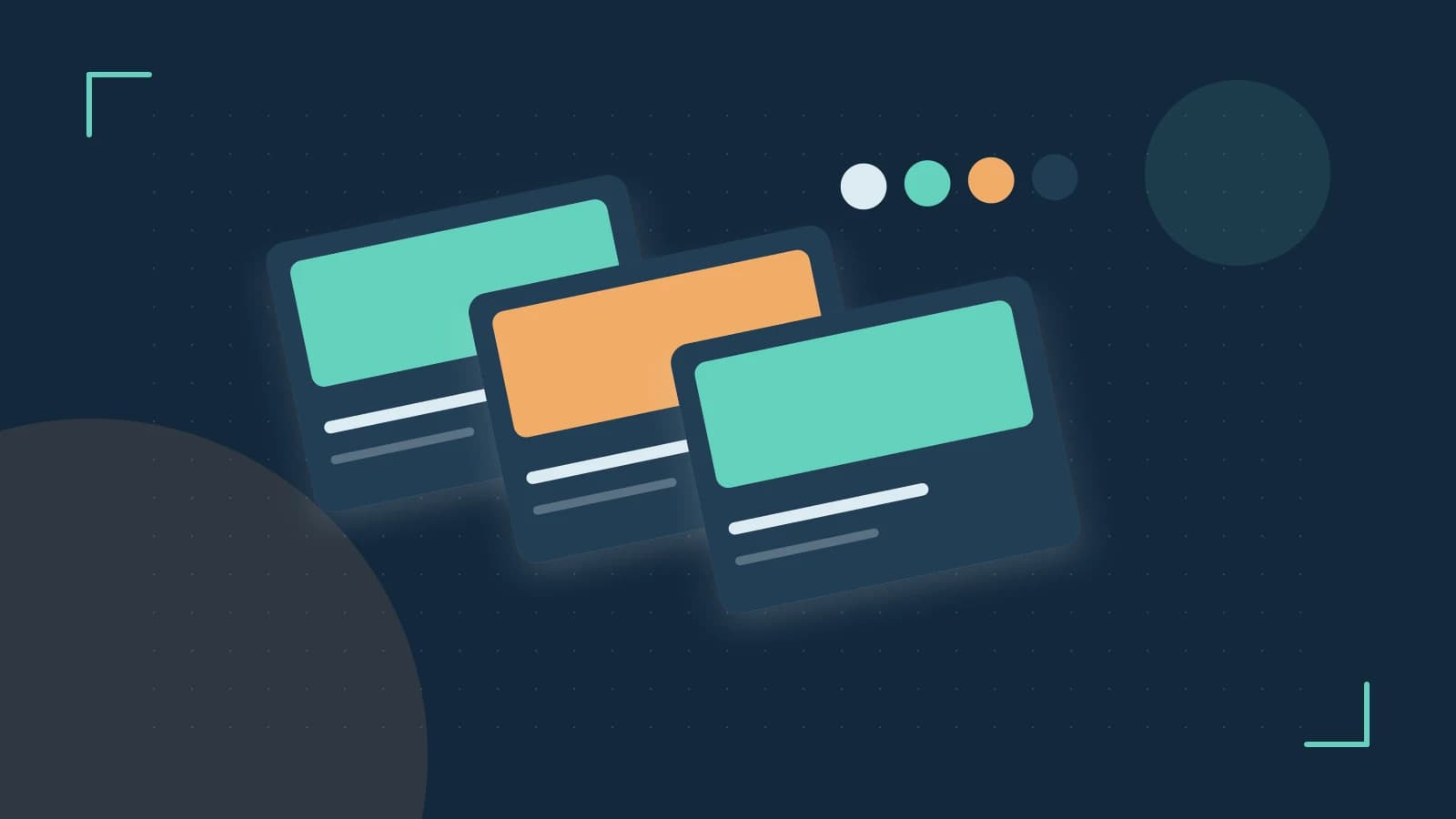 Editorial illustration of responsive browser layouts, overlapping design components and a color system