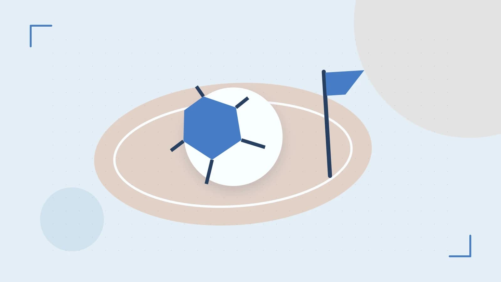 Editorial illustration of a stylized sports ball, stadium geometry and dynamic arcs