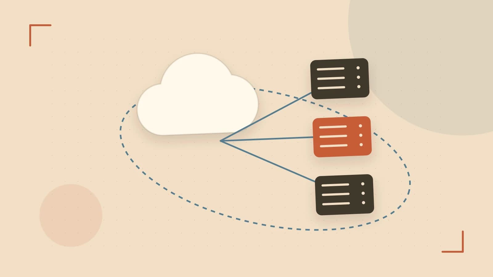 Editorial illustration of cloud infrastructure, connected server racks and an orbital service map