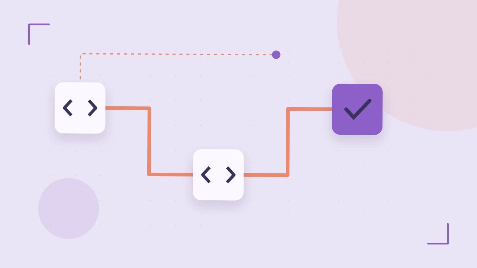 Editorial illustration of a branching build pipeline, staged transformations and a completed check
