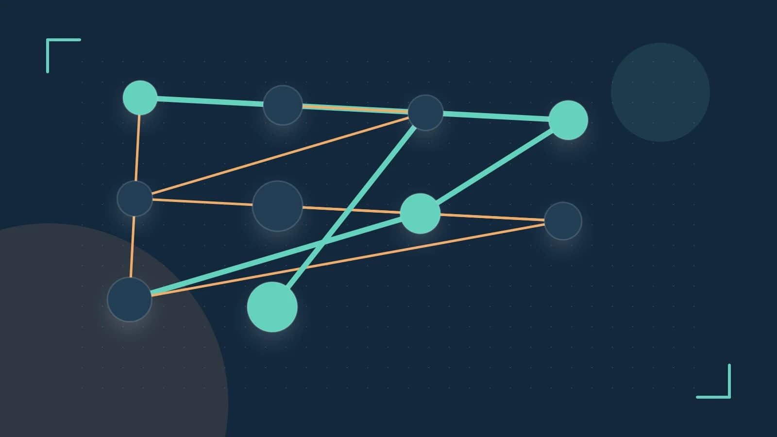 Editorial illustration of an algorithmic node graph with branching paths and a highlighted result