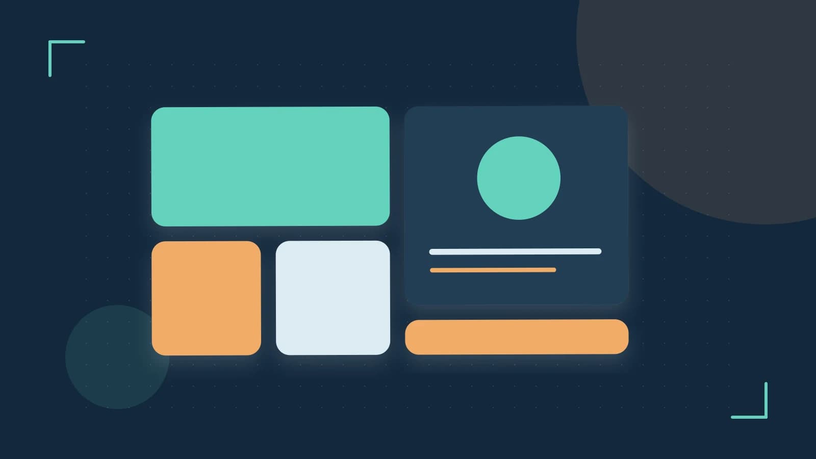 Editorial illustration of responsive browser layouts, overlapping design components and a color system